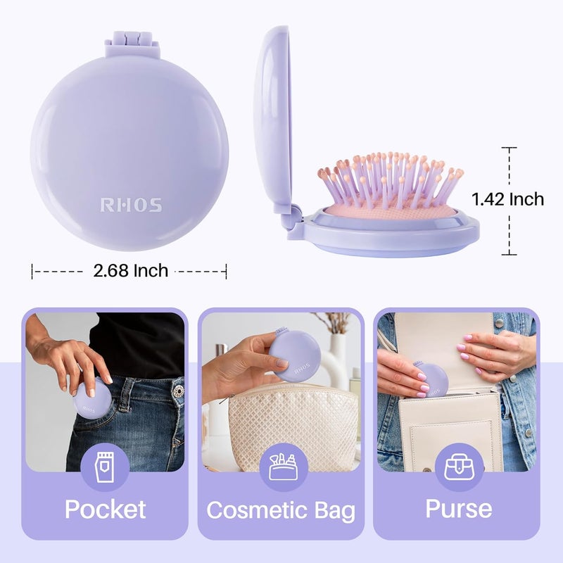 RHOS Hair Brush with Mirror for Women, Girls - Compact Folding Brush with Soft Nylon Bristles and Mirror - Portable Hair Brush for Travel (Purple) - Image 3